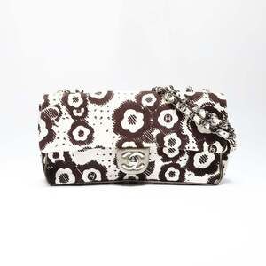 CHANEL 10 series 2005-2006 Canvas Camellia Flap Chain Shoulder Bag in Beige a...